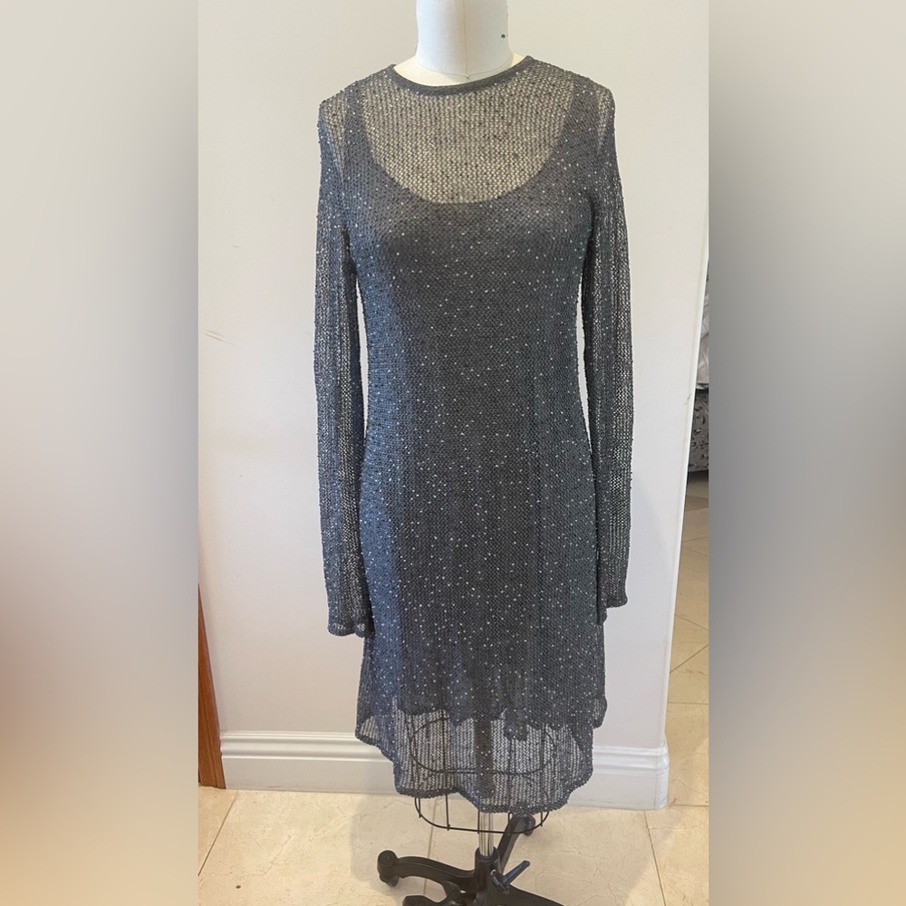 Vintage unique midi Donna Karan metallic beaded dress sz M like new